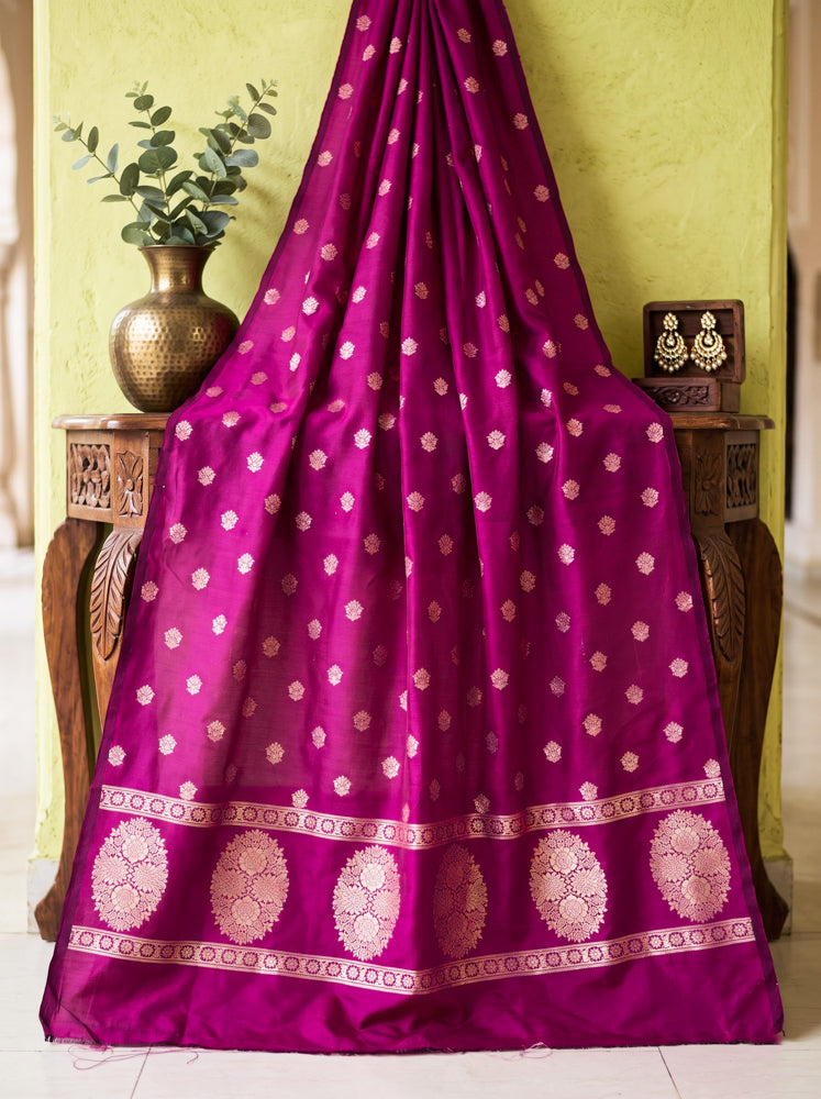 Banarasee Semi Katan Zari Work Salwar Kameez Fabric With Dupatta Set-Magenta