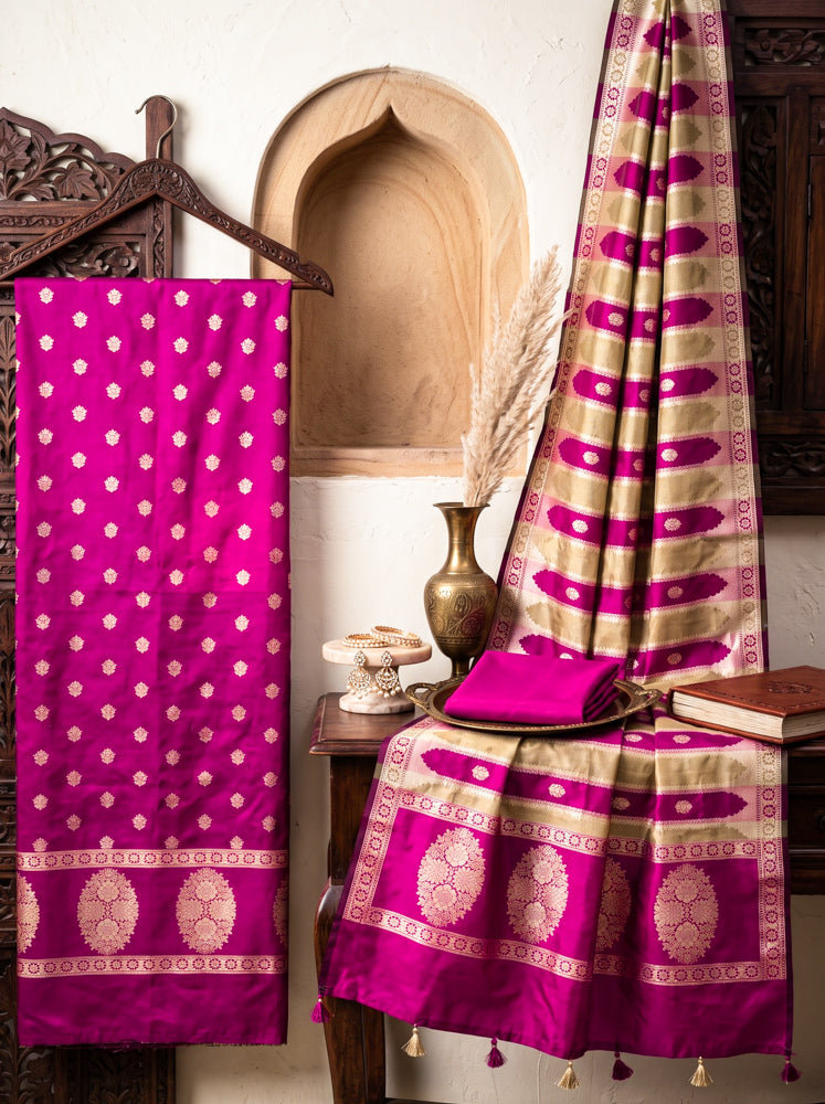 Banarasee Semi Katan Zari Work Salwar Kameez Fabric With Dupatta Set-Magenta