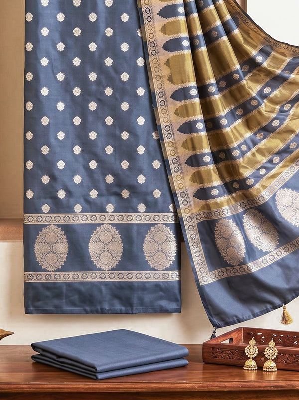 Banarasee Semi Katan Zari Work Salwar Kameez Fabric With Dupatta Set-Slate Blue