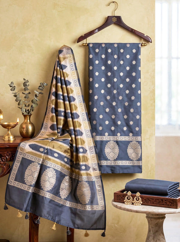 Banarasee Semi Katan Zari Work Salwar Kameez Fabric With Dupatta Set-Slate Blue