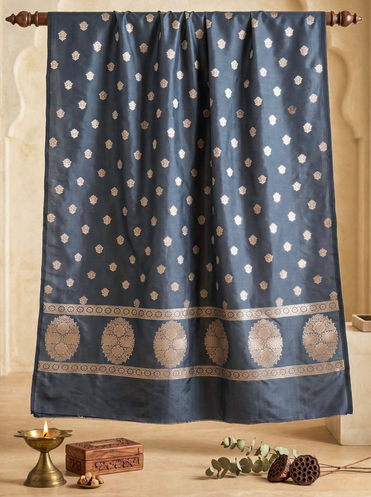 Banarasee Semi Katan Zari Work Salwar Kameez Fabric With Dupatta Set-Slate Blue