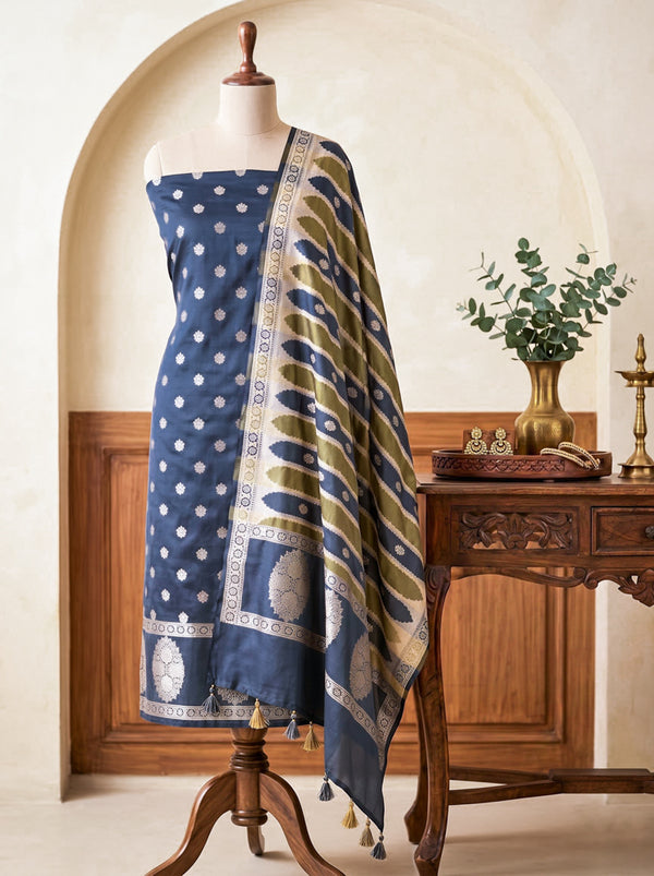 Banarasee Semi Katan Zari Work Salwar Kameez Fabric With Dupatta Set-Slate Blue