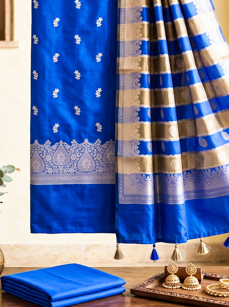 Banarasee Semi Katan Zari Work Salwar Kameez Fabric With Dupatta Set-Royal Blue