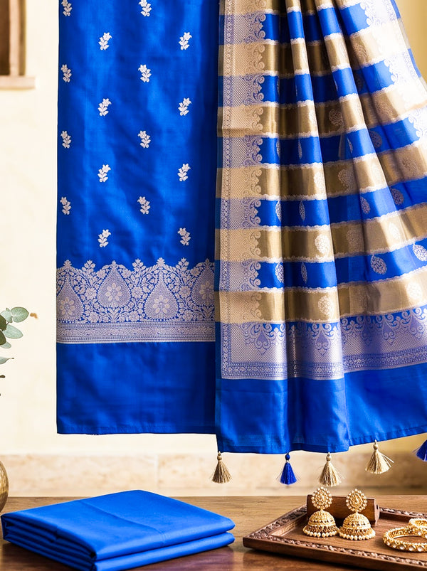 Banarasee Semi Katan Zari Work Salwar Kameez Fabric With Dupatta Set-Royal Blue