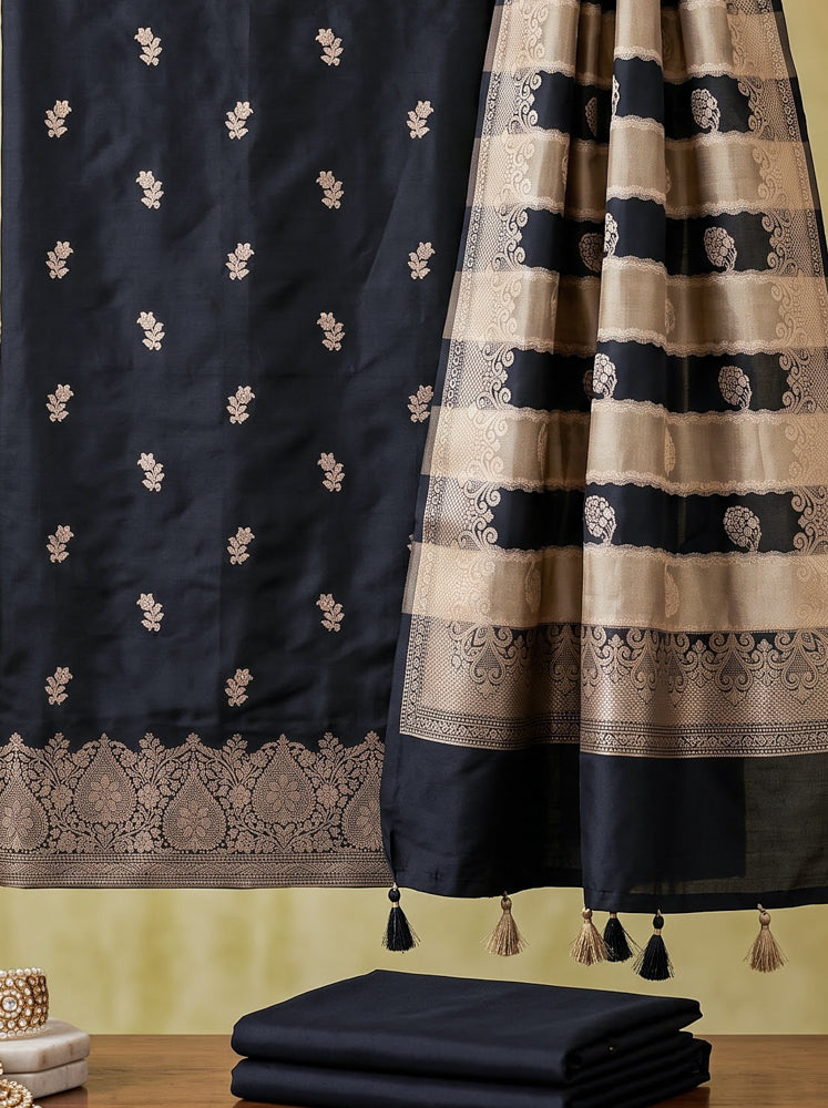 Banarasee Semi Katan Zari Work Salwar Kameez Fabric With Dupatta Set-Black