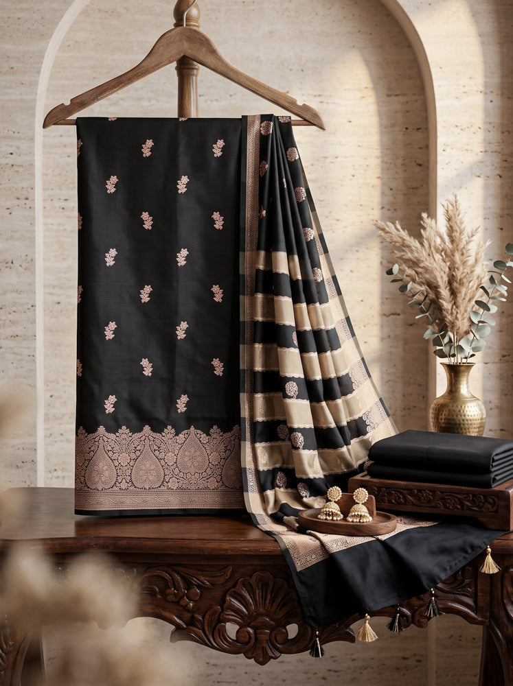 Banarasee Semi Katan Zari Work Salwar Kameez Fabric With Dupatta Set-Black