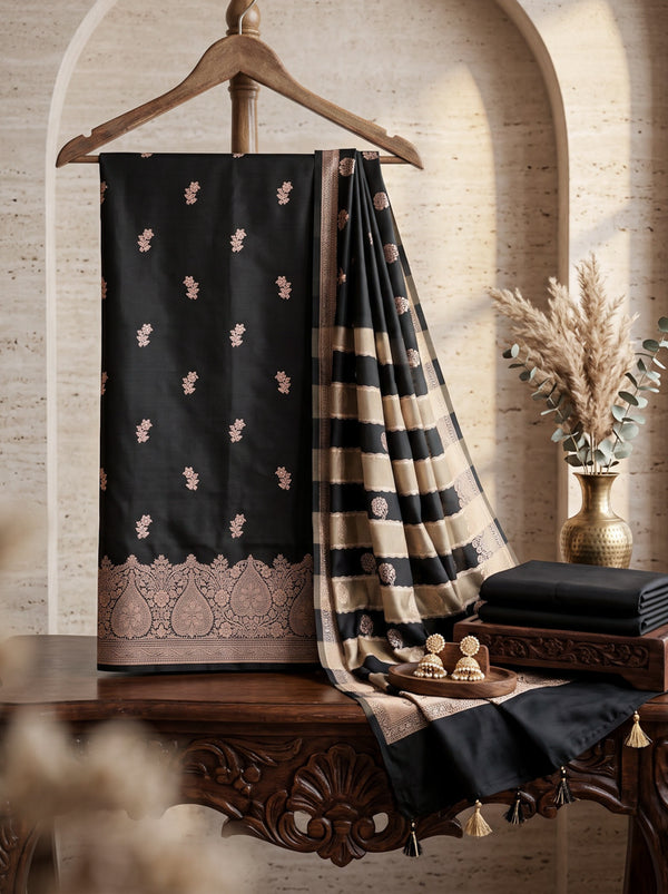 Banarasee Semi Katan Zari Work Salwar Kameez Fabric With Dupatta Set-Black