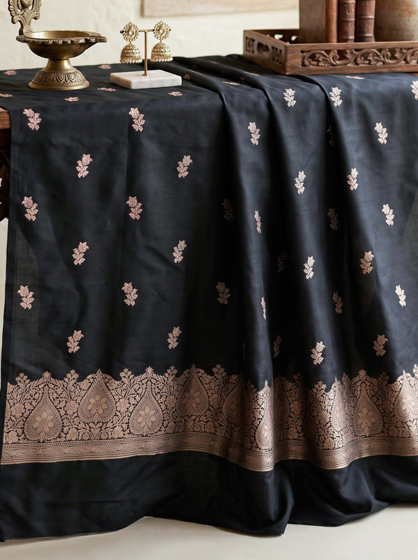 Banarasee Semi Katan Zari Work Salwar Kameez Fabric With Dupatta Set-Black
