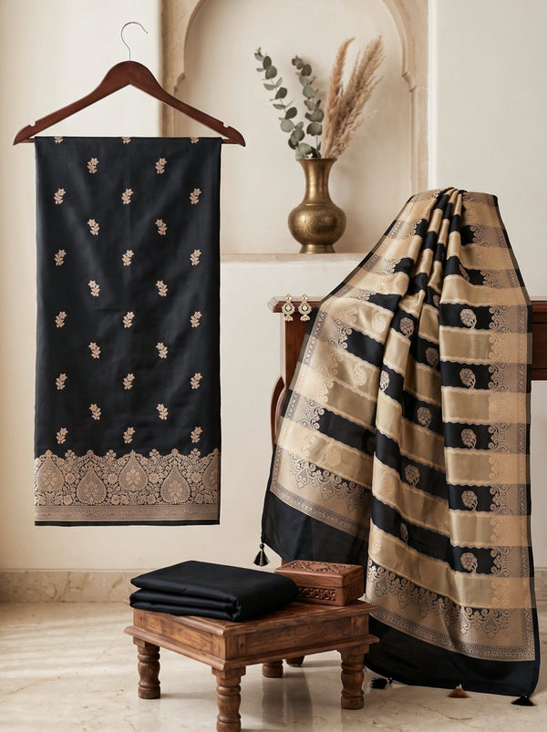 Banarasee Semi Katan Zari Work Salwar Kameez Fabric With Dupatta Set-Black
