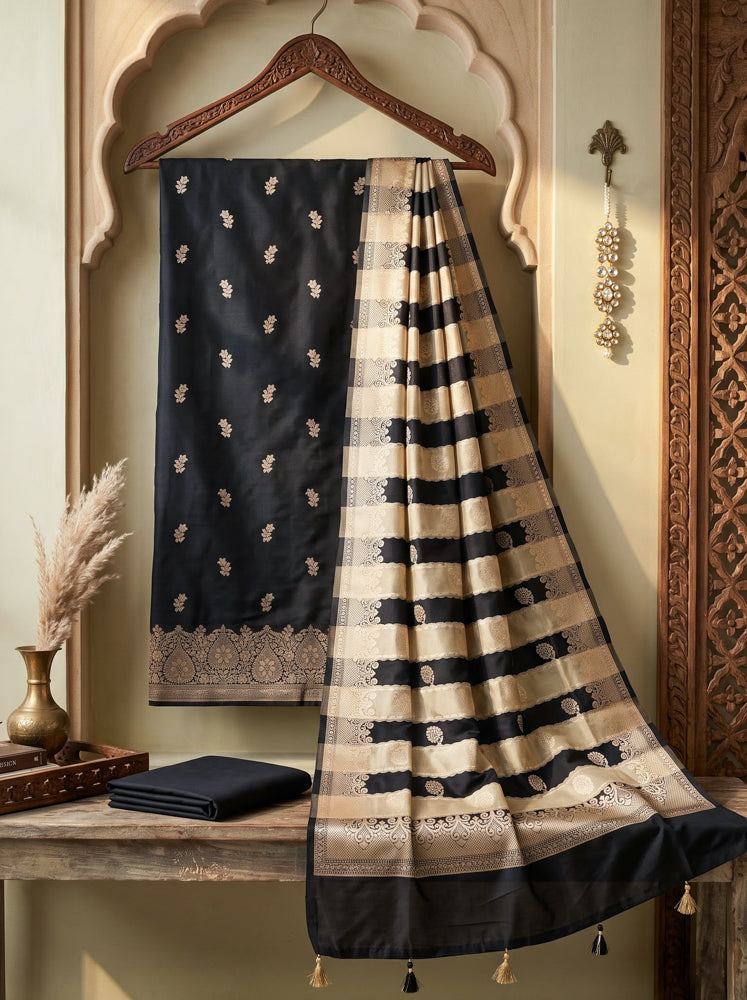 Banarasee Semi Katan Zari Work Salwar Kameez Fabric With Dupatta Set-Black