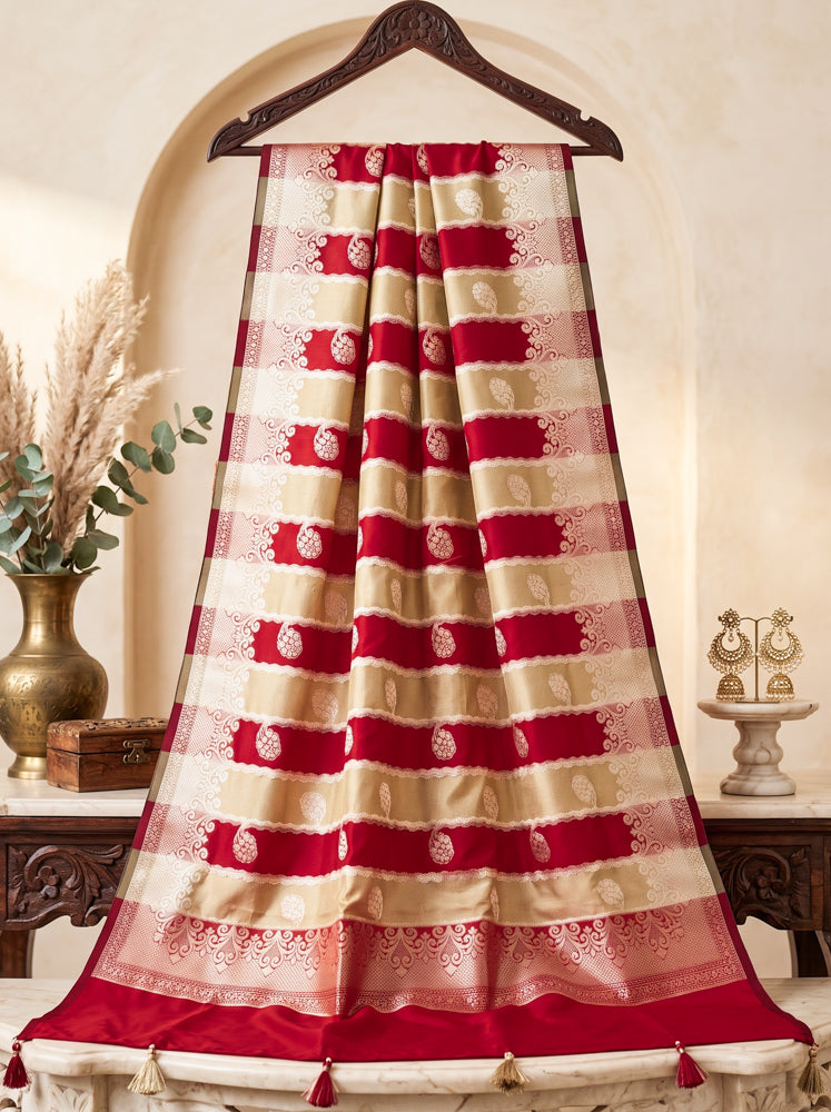 Banarasee Semi Katan Zari Work Salwar Kameez Fabric With Dupatta Set-Maroon