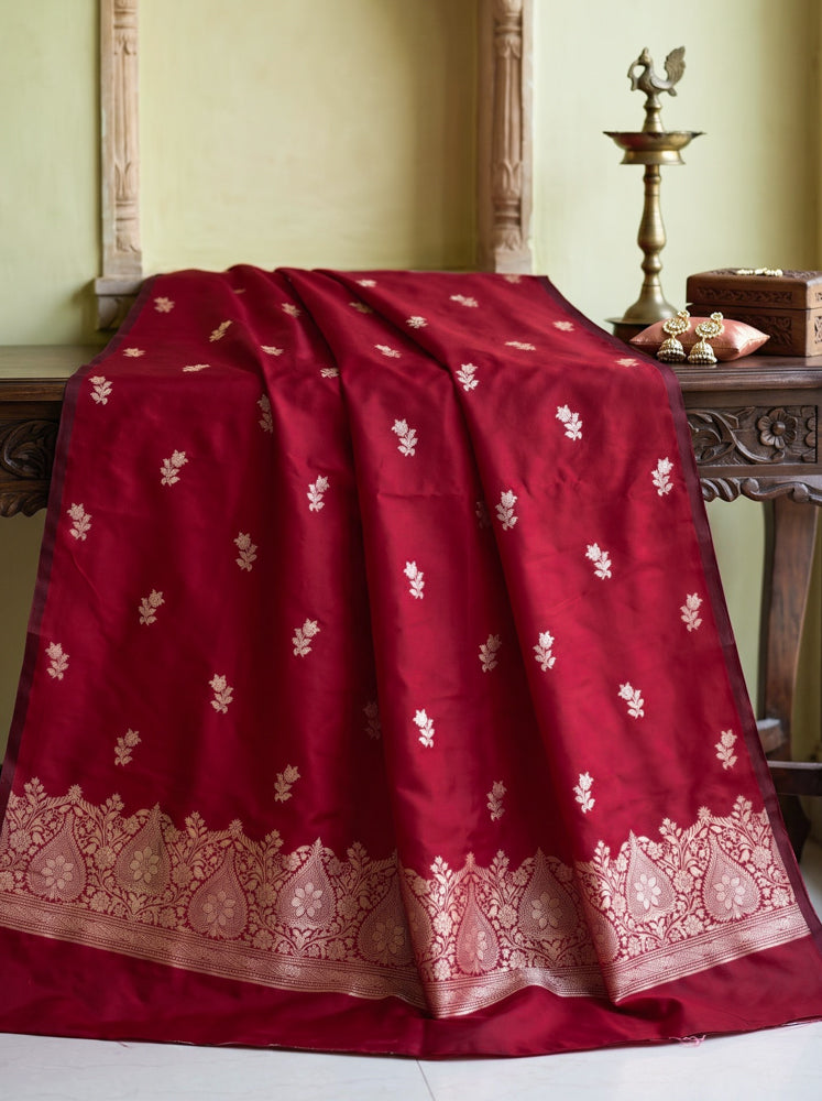 Banarasee Semi Katan Zari Work Salwar Kameez Fabric With Dupatta Set-Maroon