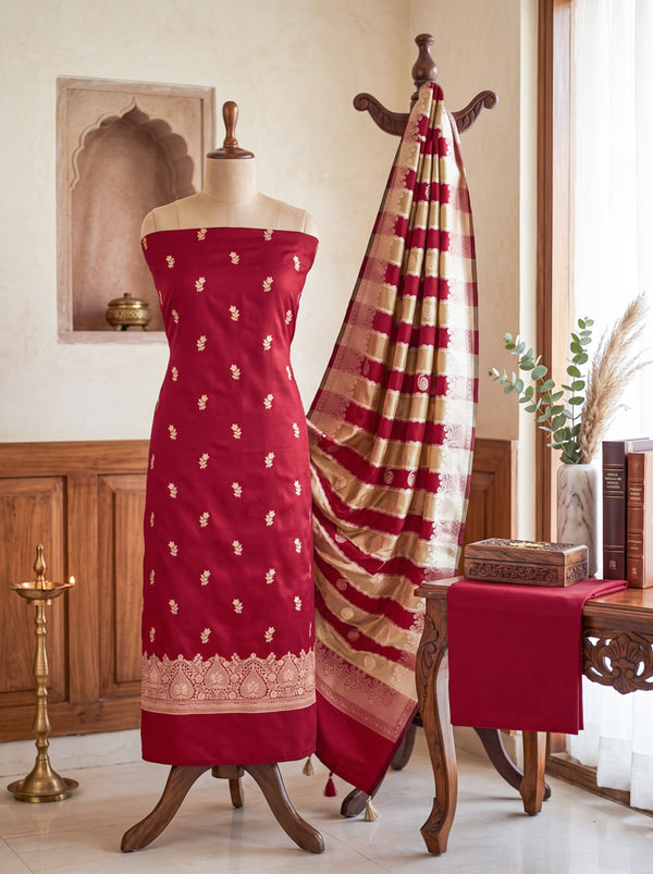 Banarasee Semi Katan Zari Work Salwar Kameez Fabric With Dupatta Set-Maroon