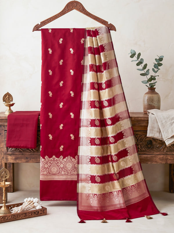 Banarasee Semi Katan Zari Work Salwar Kameez Fabric With Dupatta Set-Maroon