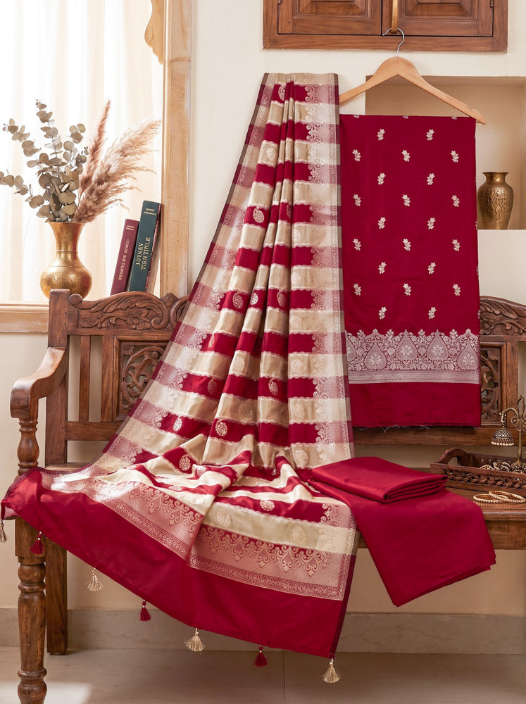Banarasee Semi Katan Zari Work Salwar Kameez Fabric With Dupatta Set-Maroon