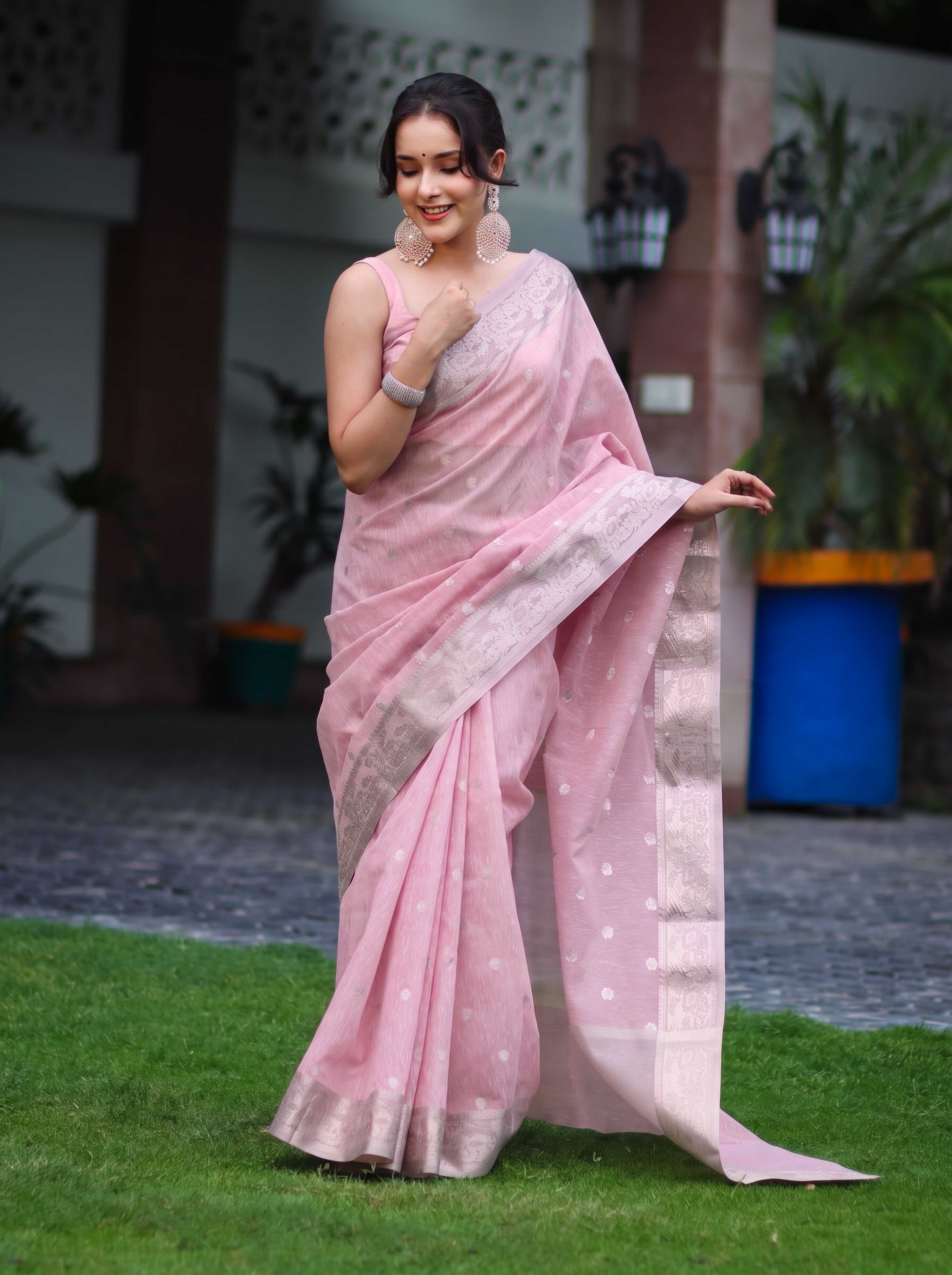 Banarasee Handloom Cotton Silk Saree With Zari Work & Border-Light Pink