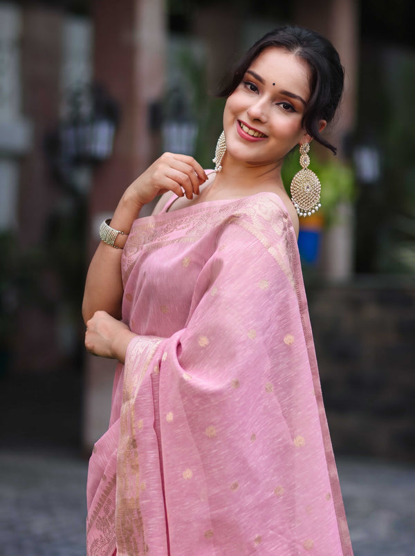 Banarasee Handloom Cotton Silk Saree With Zari Work & Border-Light Pink