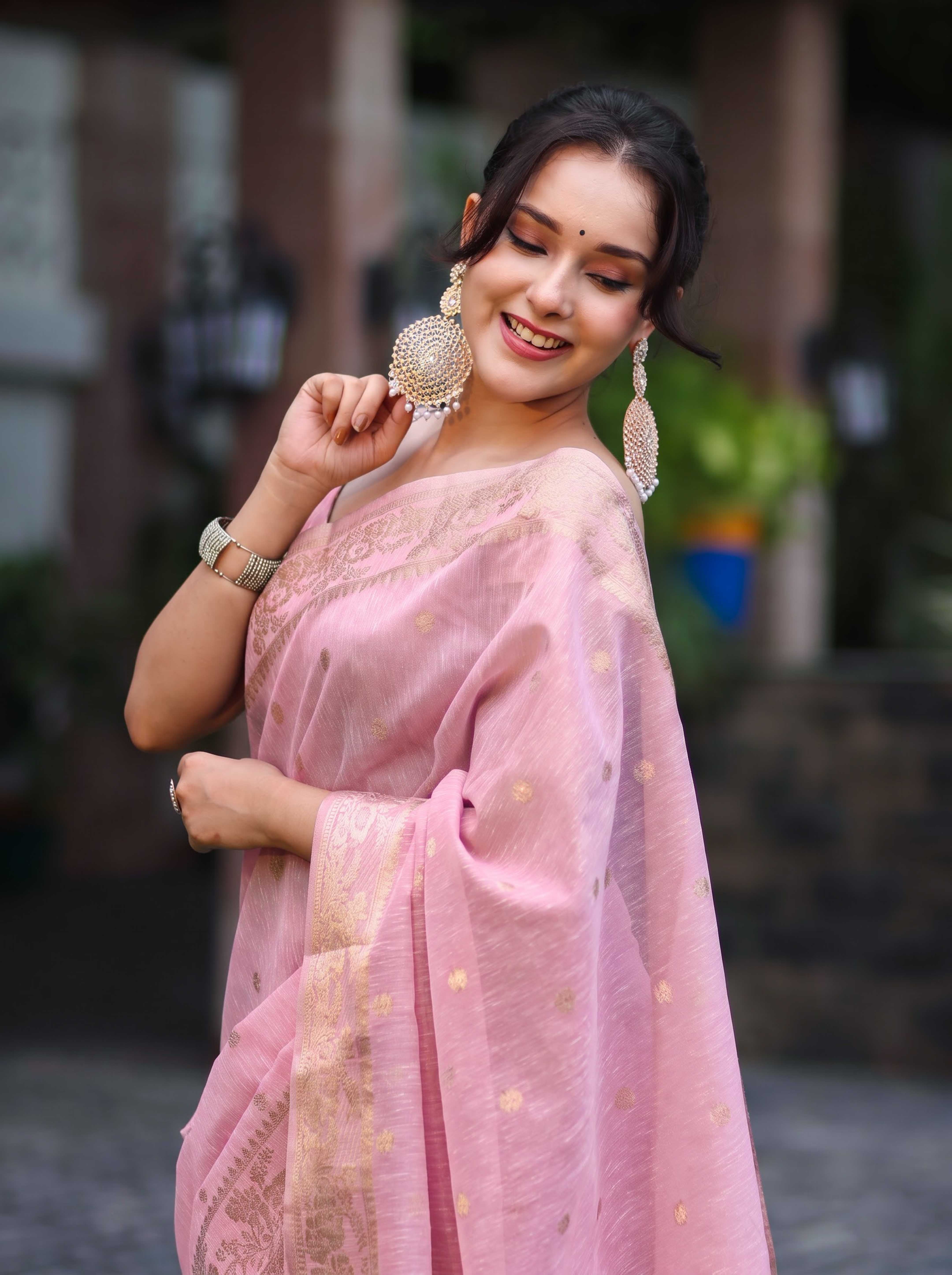 Banarasee Handloom Cotton Silk Saree With Zari Work & Border-Light Pink