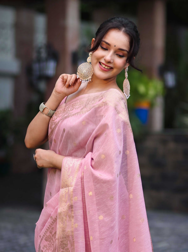 Banarasee Handloom Cotton Silk Saree With Zari Work & Border-Light Pink