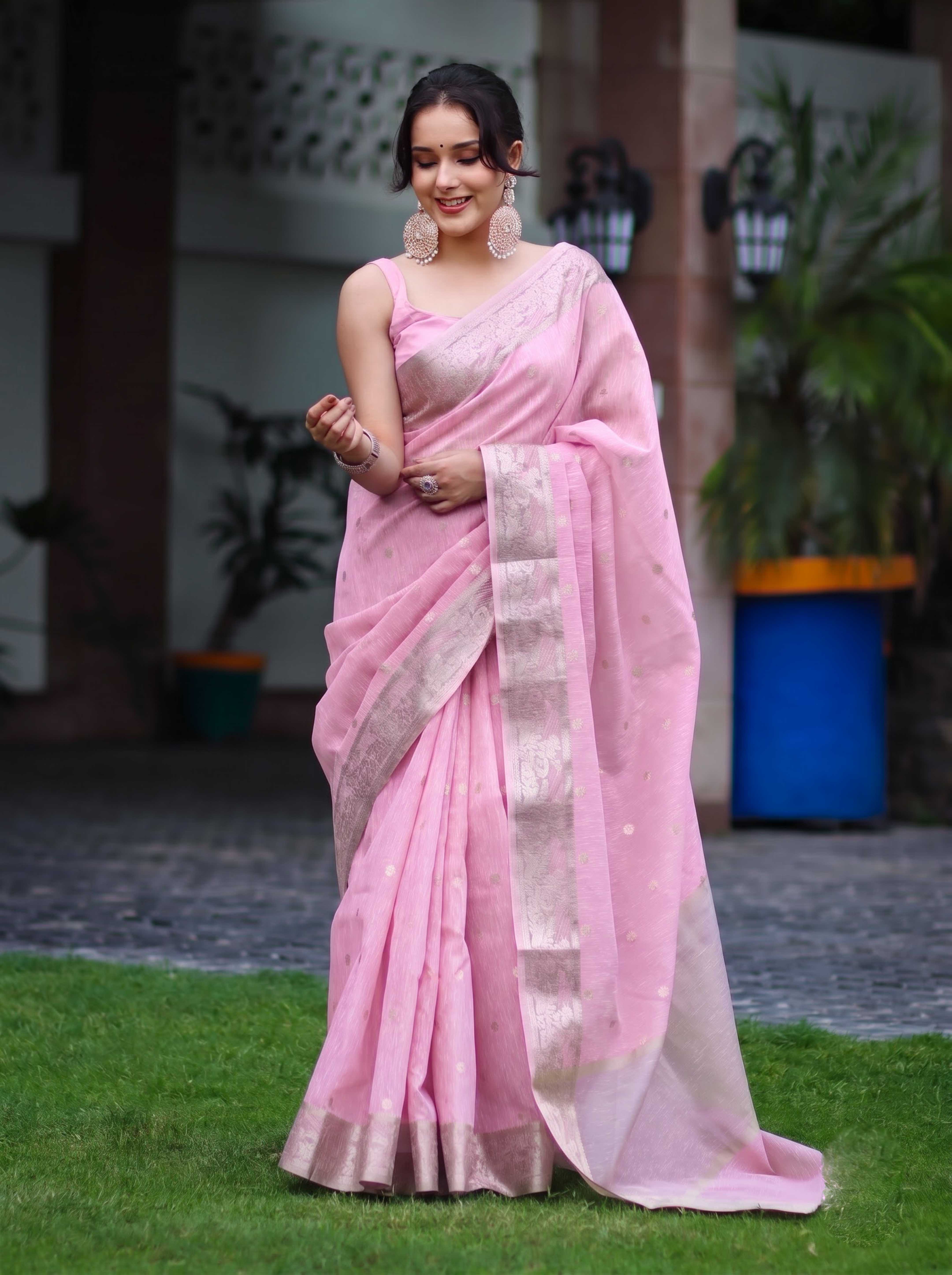 Banarasee Handloom Cotton Silk Saree With Zari Work & Border-Light Pink