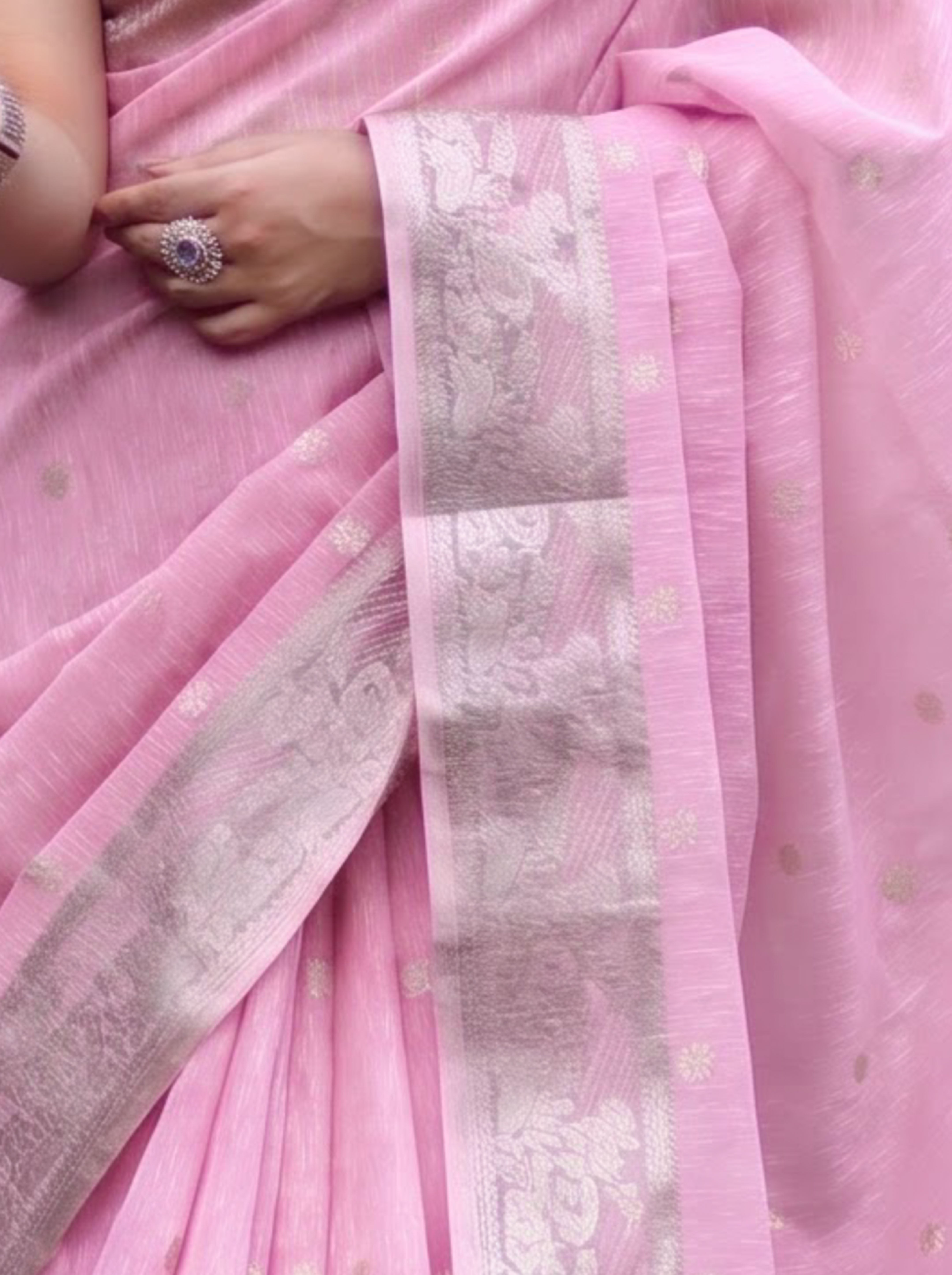 Banarasee Handloom Cotton Silk Saree With Zari Work & Border-Light Pink