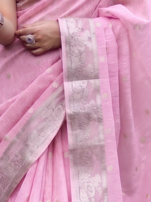 Banarasee Handloom Cotton Silk Saree With Zari Work & Border-Light Pink