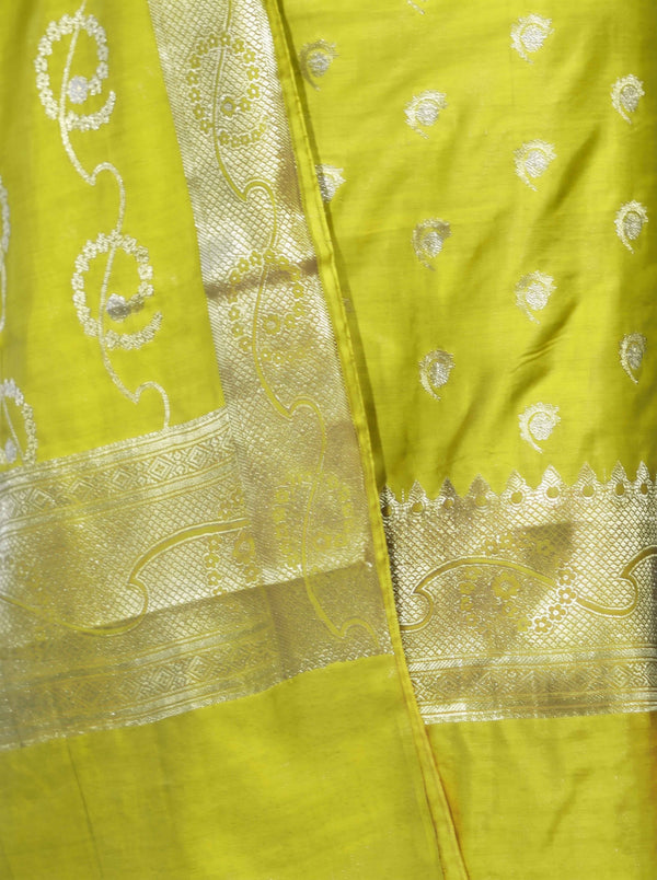Banarasee Zari Embroidered Chanderi Silk Salwar Kameez With Dupatta Set-Lime Yellow