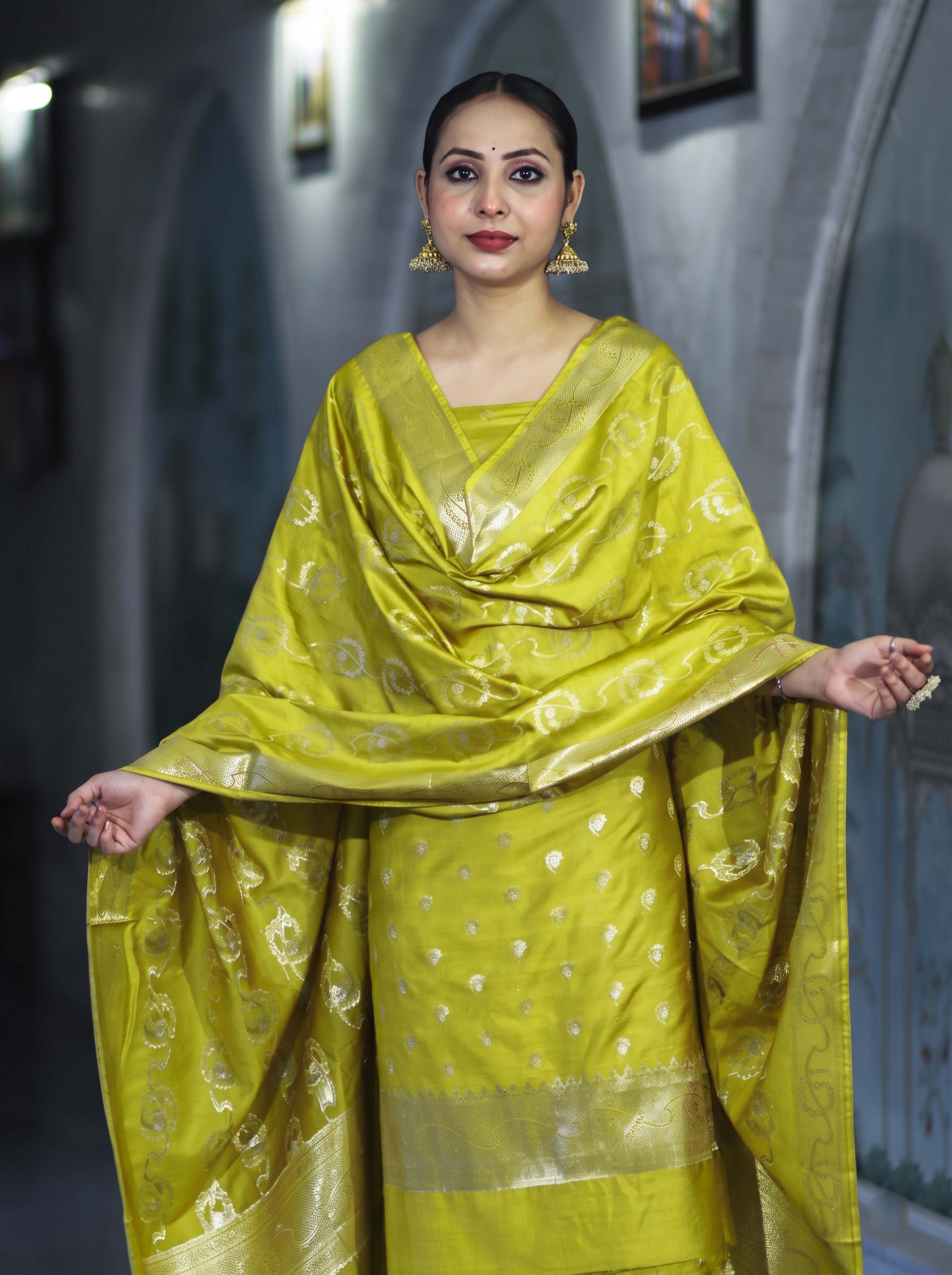 Banarasee Zari Embroidered Chanderi Silk Salwar Kameez With Dupatta Set-Lime Yellow