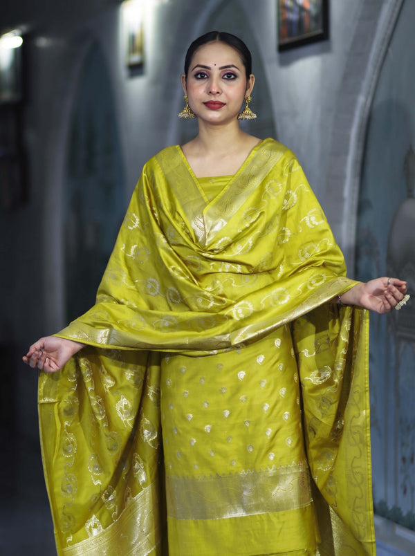 Banarasee Zari Embroidered Chanderi Silk Salwar Kameez With Dupatta Set-Lime Yellow