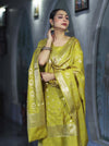 Banarasee Zari Embroidered Chanderi Silk Salwar Kameez With Dupatta Set-Lime Yellow