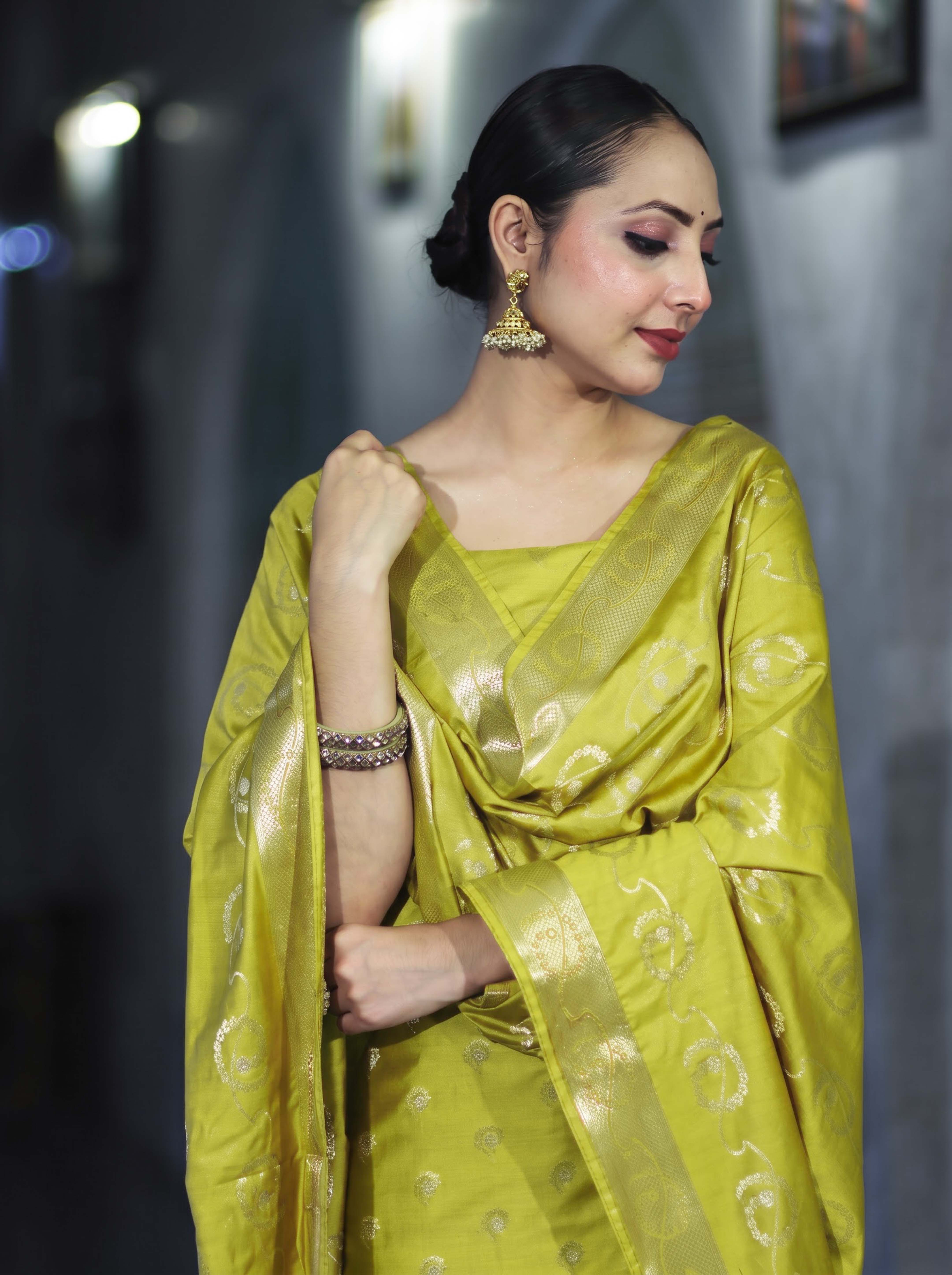 Banarasee Zari Embroidered Chanderi Silk Salwar Kameez With Dupatta Set-Lime Yellow
