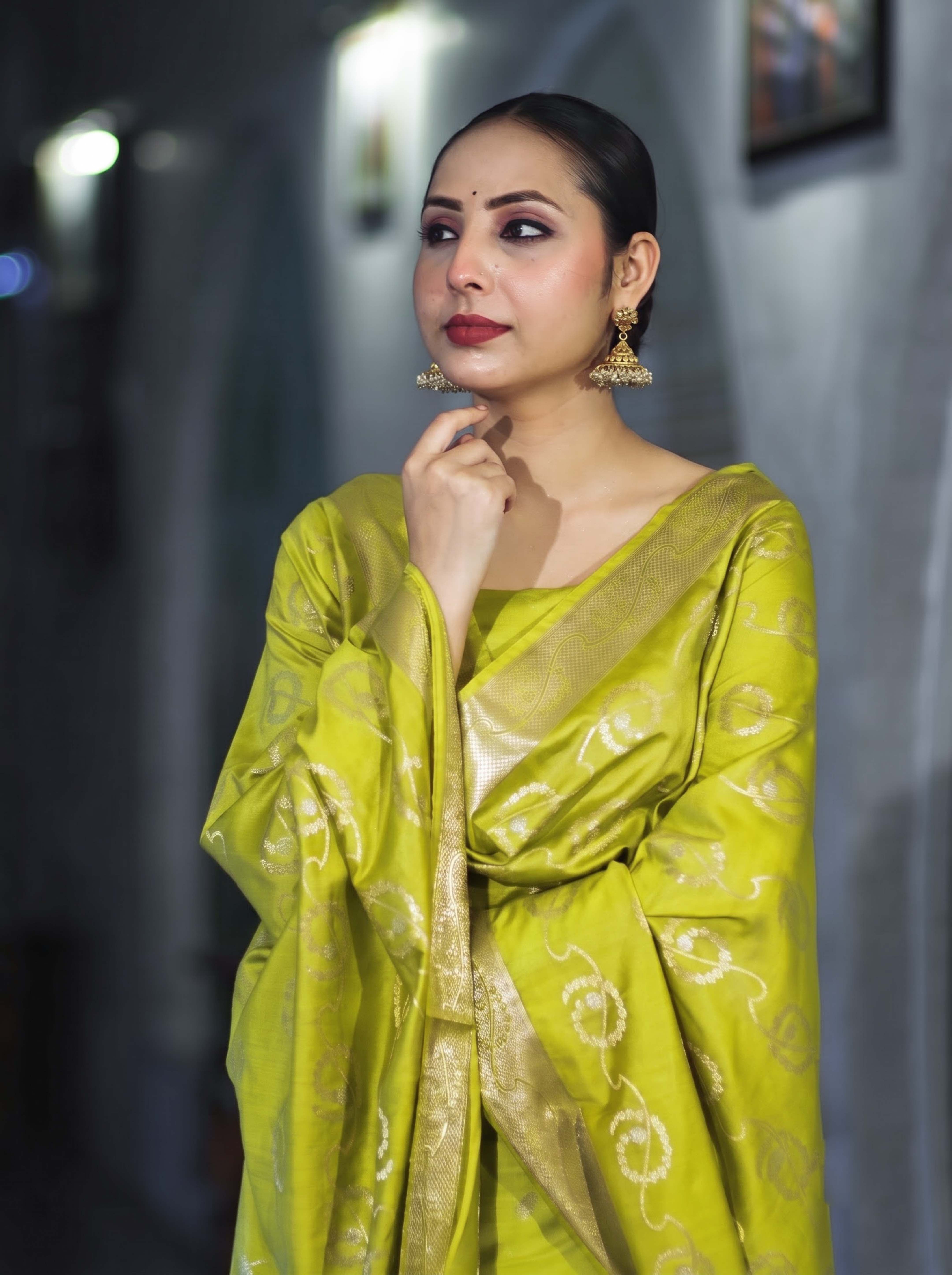 Banarasee Zari Embroidered Chanderi Silk Salwar Kameez With Dupatta Set-Lime Yellow