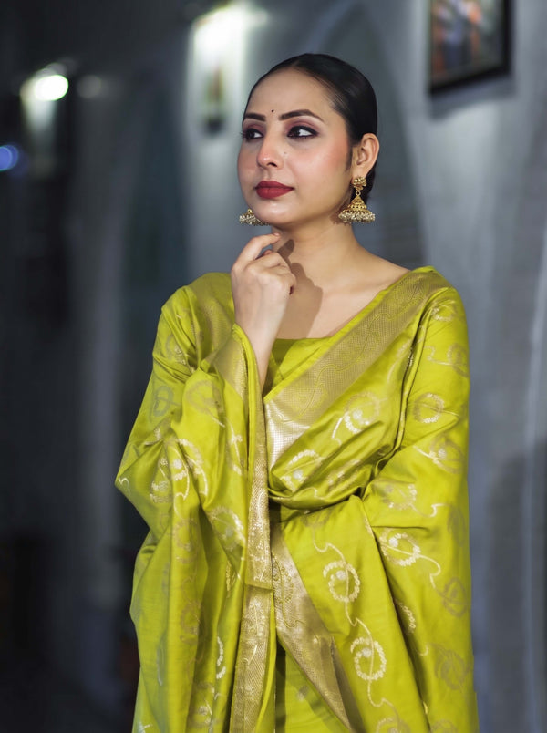 Banarasee Zari Embroidered Chanderi Silk Salwar Kameez With Dupatta Set-Lime Yellow