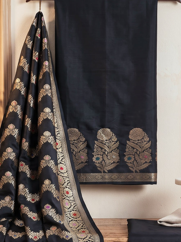 Banarasee Semi Katan Zari Work Salwar Kameez Fabric With Dupatta Set-Black