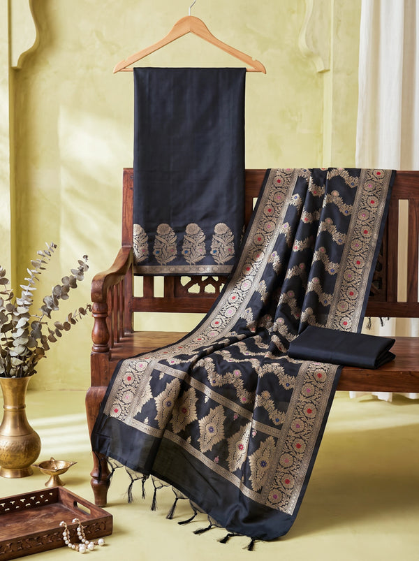 Banarasee Semi Katan Zari Work Salwar Kameez Fabric With Dupatta Set-Black