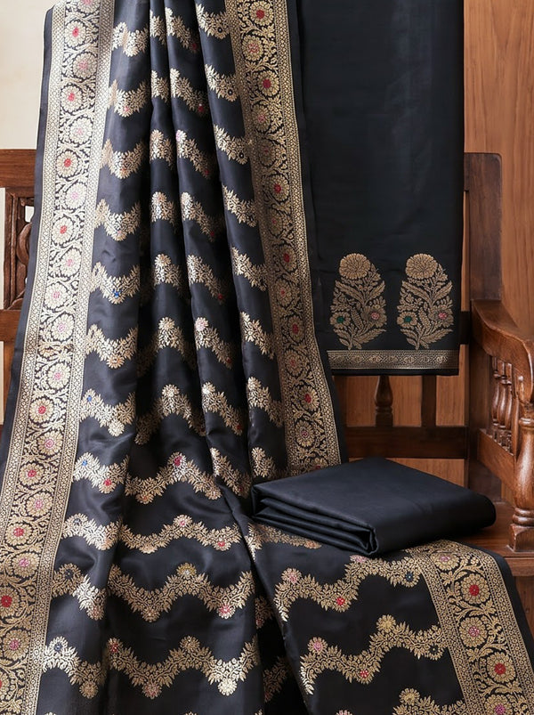 Banarasee Semi Katan Zari Work Salwar Kameez Fabric With Dupatta Set-Black