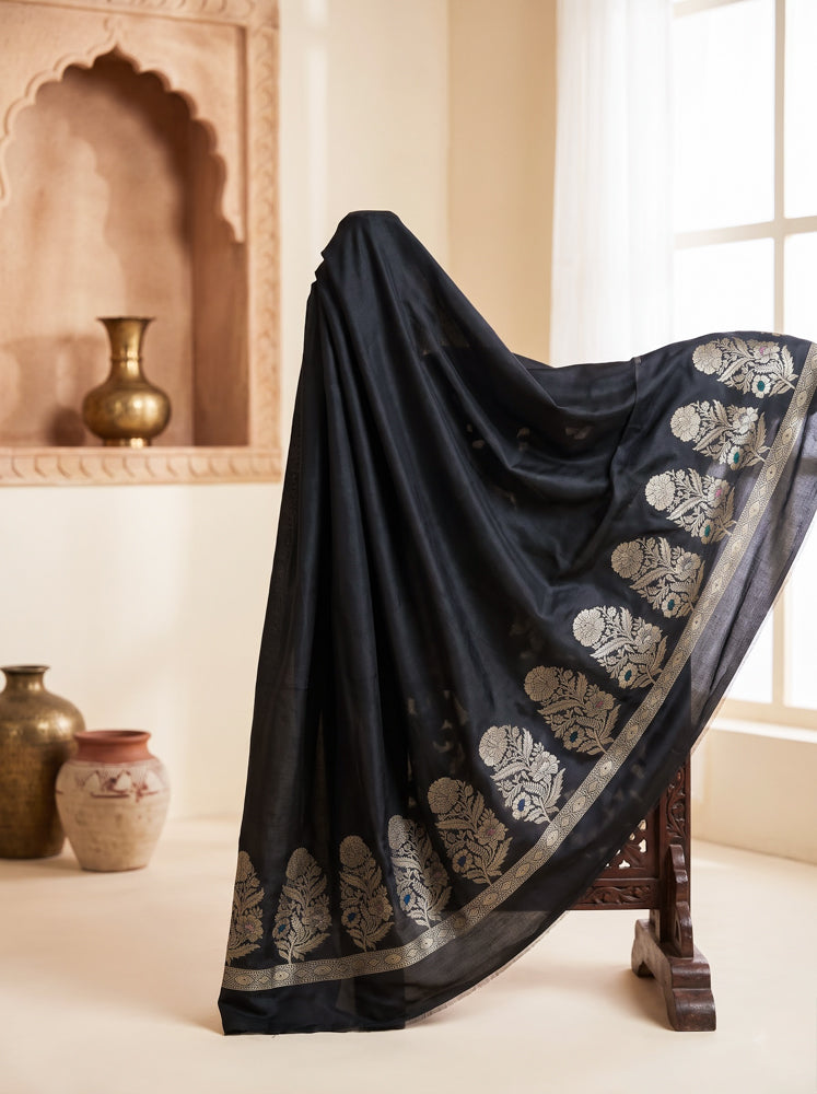 Banarasee Semi Katan Zari Work Salwar Kameez Fabric With Dupatta Set-Black
