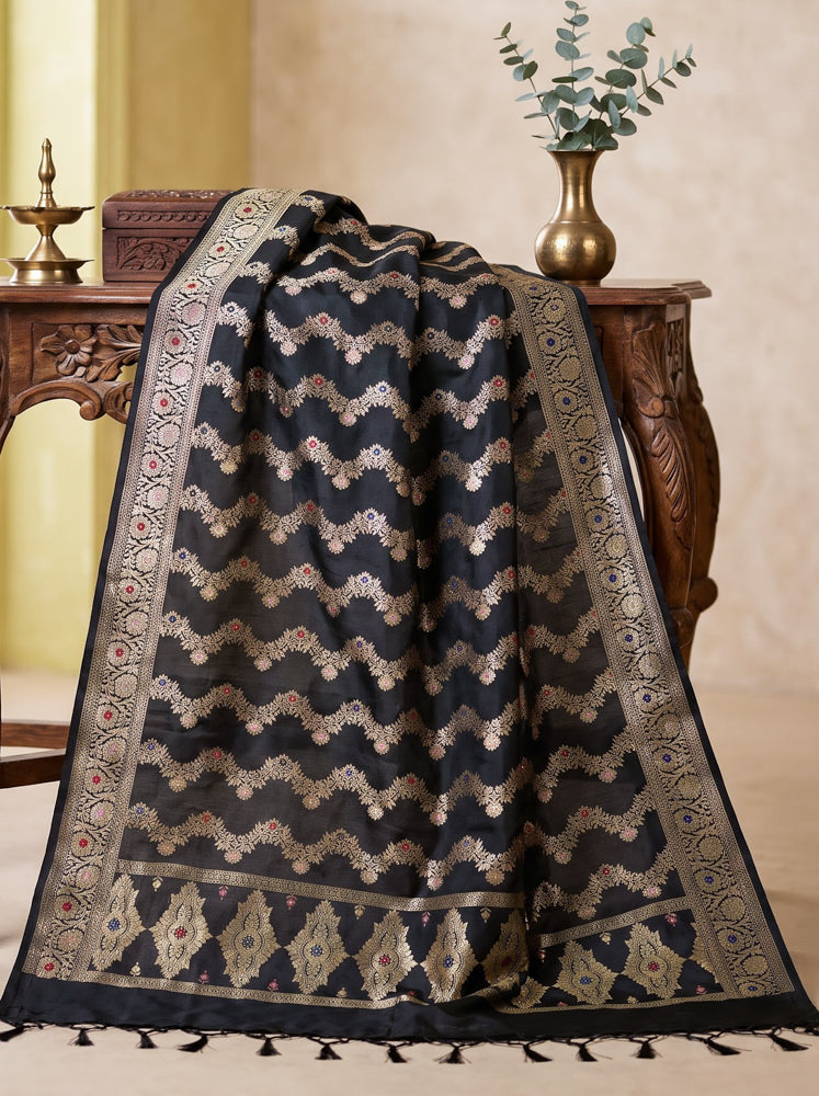 Banarasee Semi Katan Zari Work Salwar Kameez Fabric With Dupatta Set-Black
