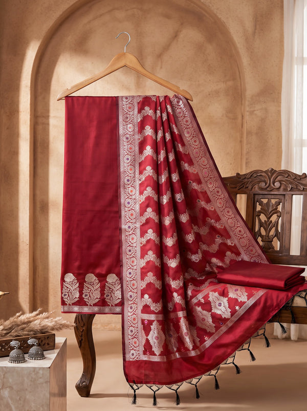 Banarasee Semi Katan Zari Work Salwar Kameez Fabric With Dupatta Set-Maroon