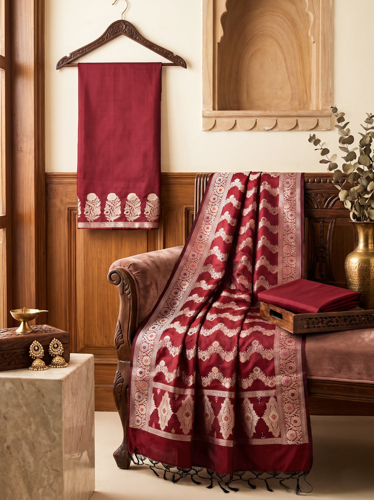 Banarasee Semi Katan Zari Work Salwar Kameez Fabric With Dupatta Set-Maroon