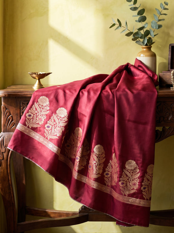 Banarasee Semi Katan Zari Work Salwar Kameez Fabric With Dupatta Set-Maroon