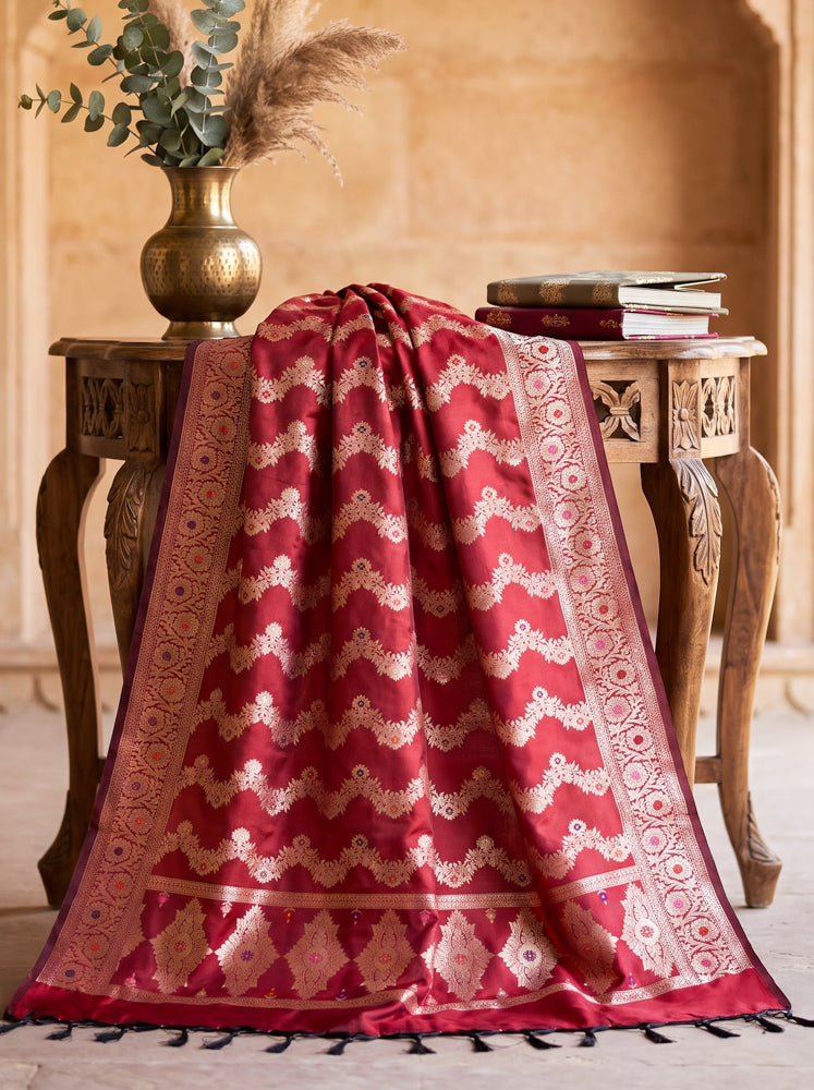 Banarasee Semi Katan Zari Work Salwar Kameez Fabric With Dupatta Set-Maroon