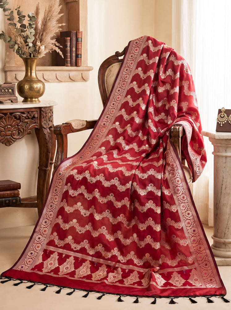 Banarasee Semi Katan Zari Work Salwar Kameez Fabric With Dupatta Set-Maroon