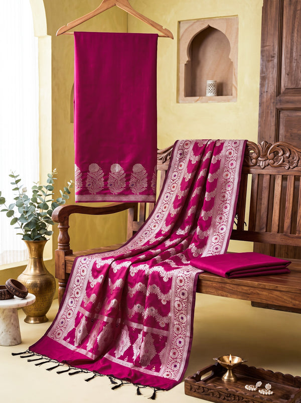 Banarasee Semi Katan Zari Work Salwar Kameez Fabric With Dupatta Set-Magenta