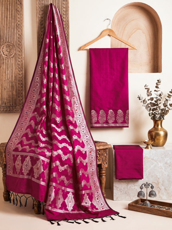 Banarasee Semi Katan Zari Work Salwar Kameez Fabric With Dupatta Set-Magenta