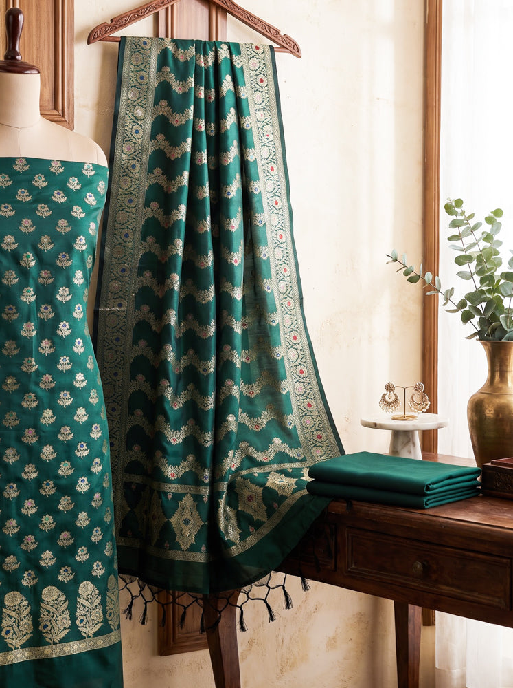 Banarasee Semi Katan Zari Work Salwar Kameez Fabric With Dupatta Set-Deep Green
