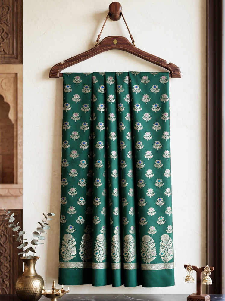 Banarasee Semi Katan Zari Work Salwar Kameez Fabric With Dupatta Set-Deep Green