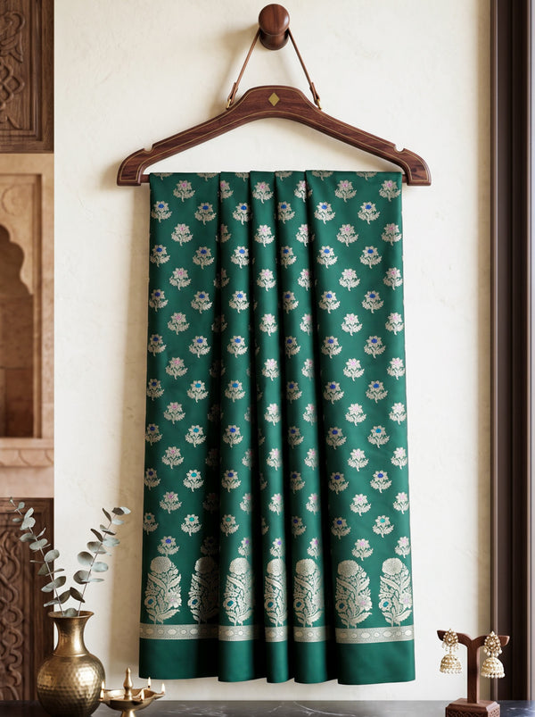 Banarasee Semi Katan Zari Work Salwar Kameez Fabric With Dupatta Set-Deep Green
