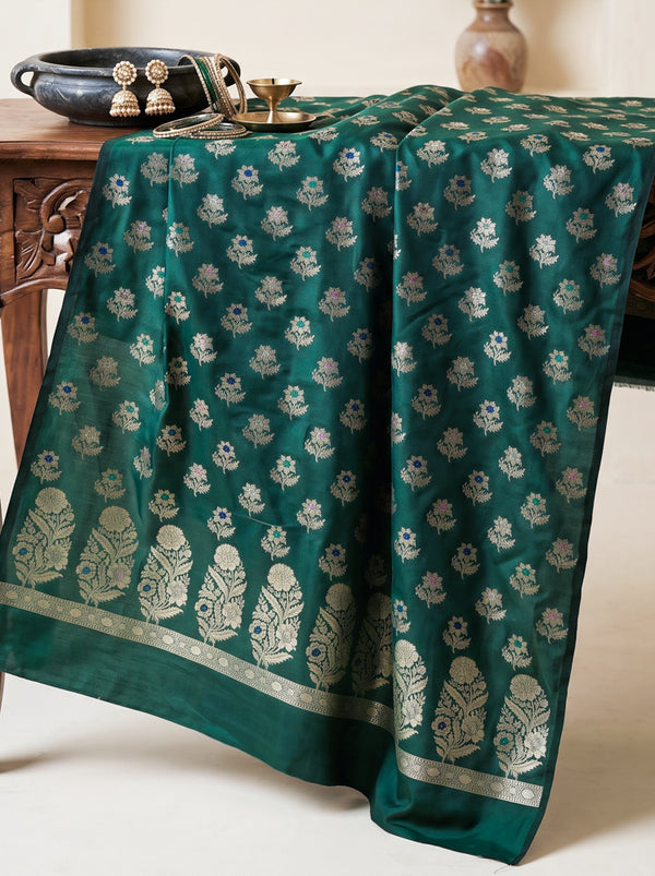 Banarasee Semi Katan Zari Work Salwar Kameez Fabric With Dupatta Set-Deep Green