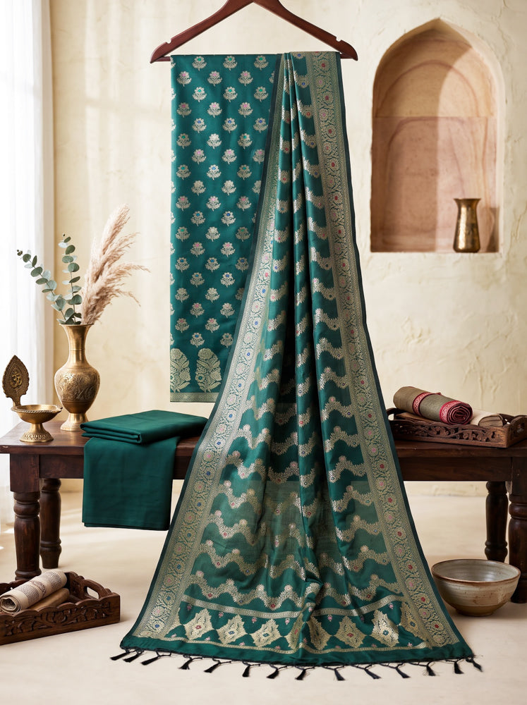 Banarasee Semi Katan Zari Work Salwar Kameez Fabric With Dupatta Set-Deep Green